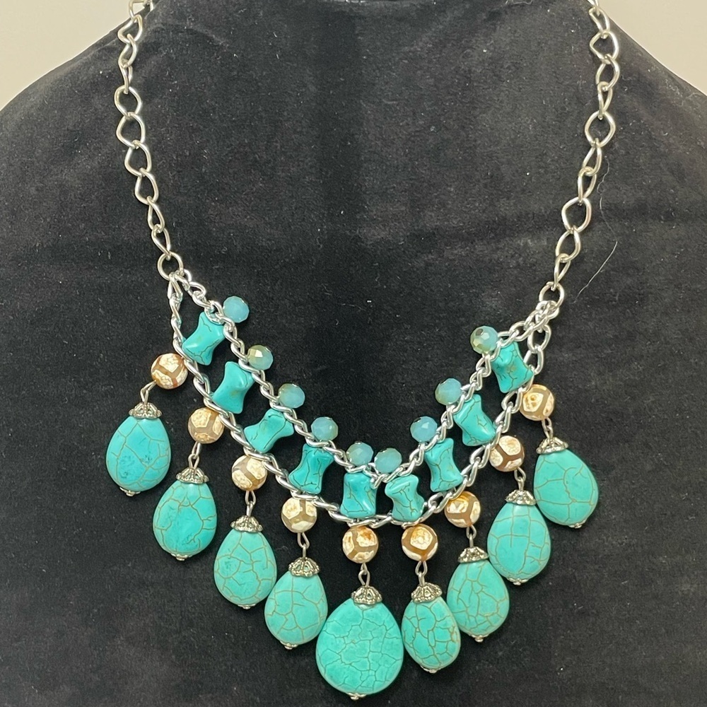 Multi-layer Faux Turquoise Bead Silver Tone Necklace - Picture 2 of 6